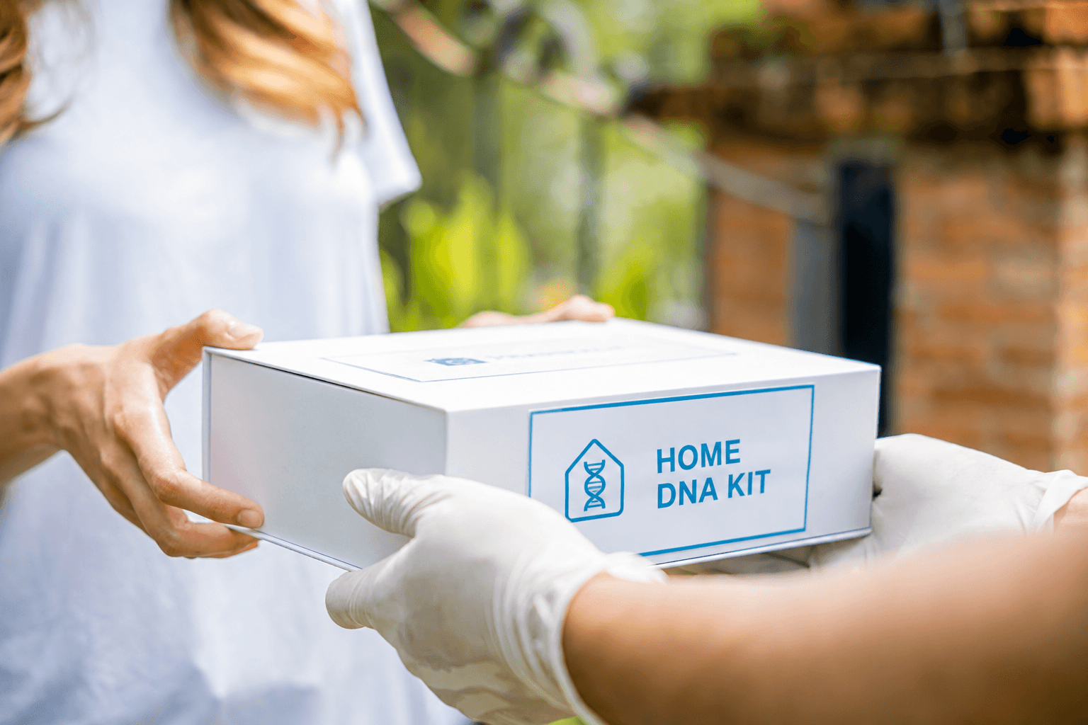 Hands handing off a DNA test kit
